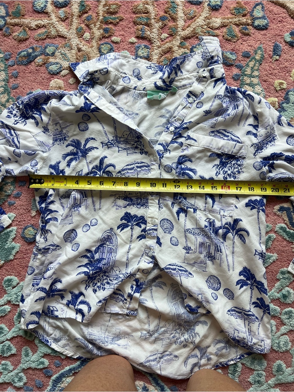 True Destinations Women's Button-Down Shirt in White with Blue Print